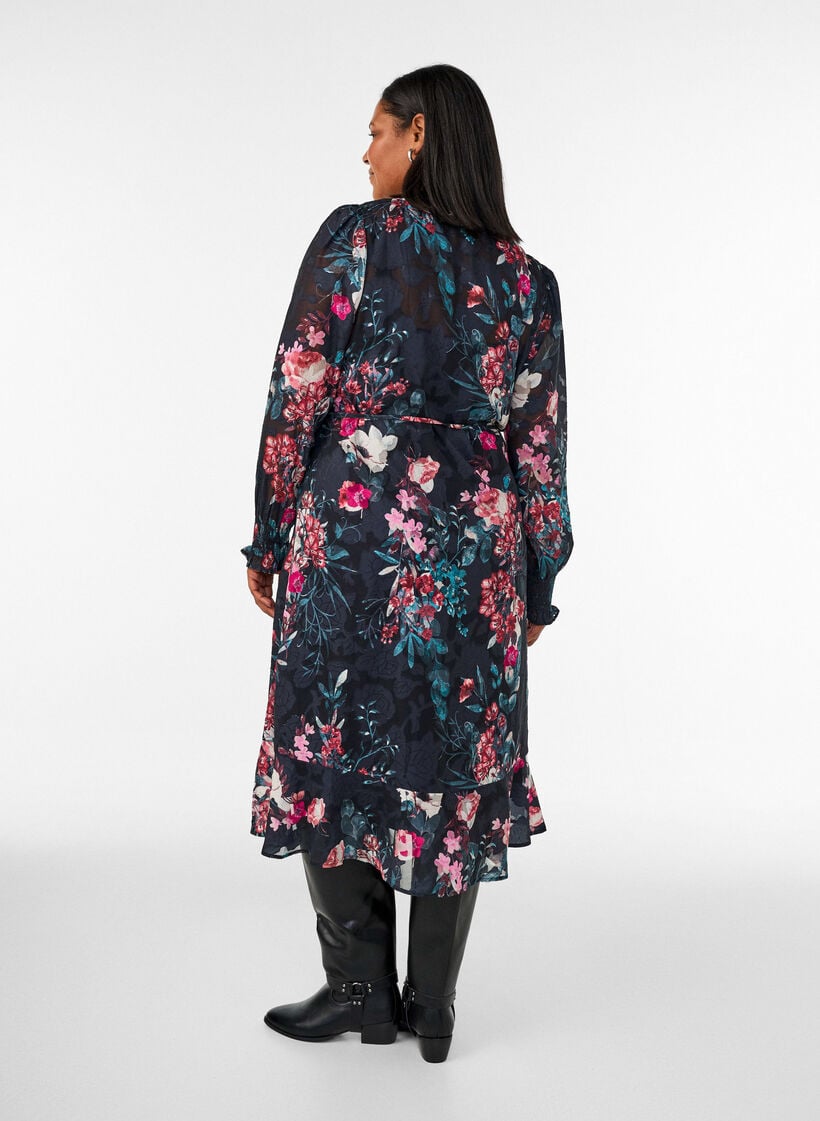 Gebl&uuml;mtes Midikleid mit Webstruktur und Bindeg&uuml;rtel, Schwarz, Model image number 1