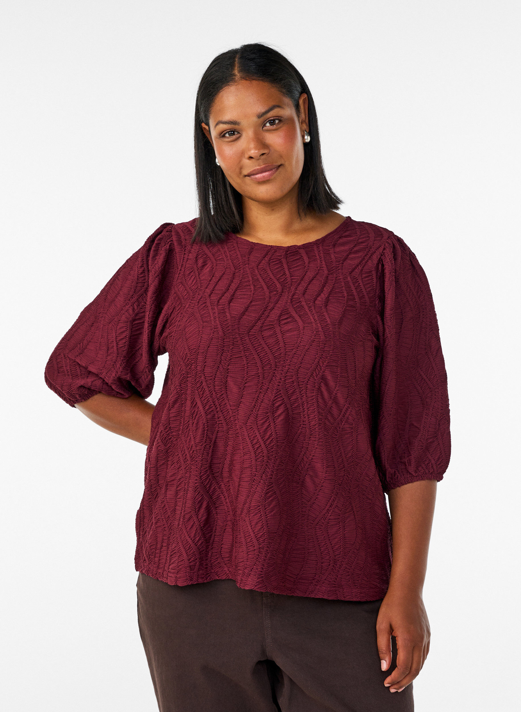 Bluse mit Struktur und 3/4-&Auml;rmeln, Rot, Model