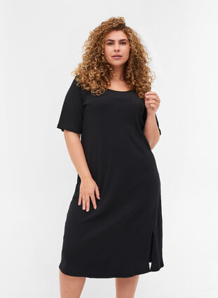 Kurzarm Kleid aus Ripp, Black, Model image number 0