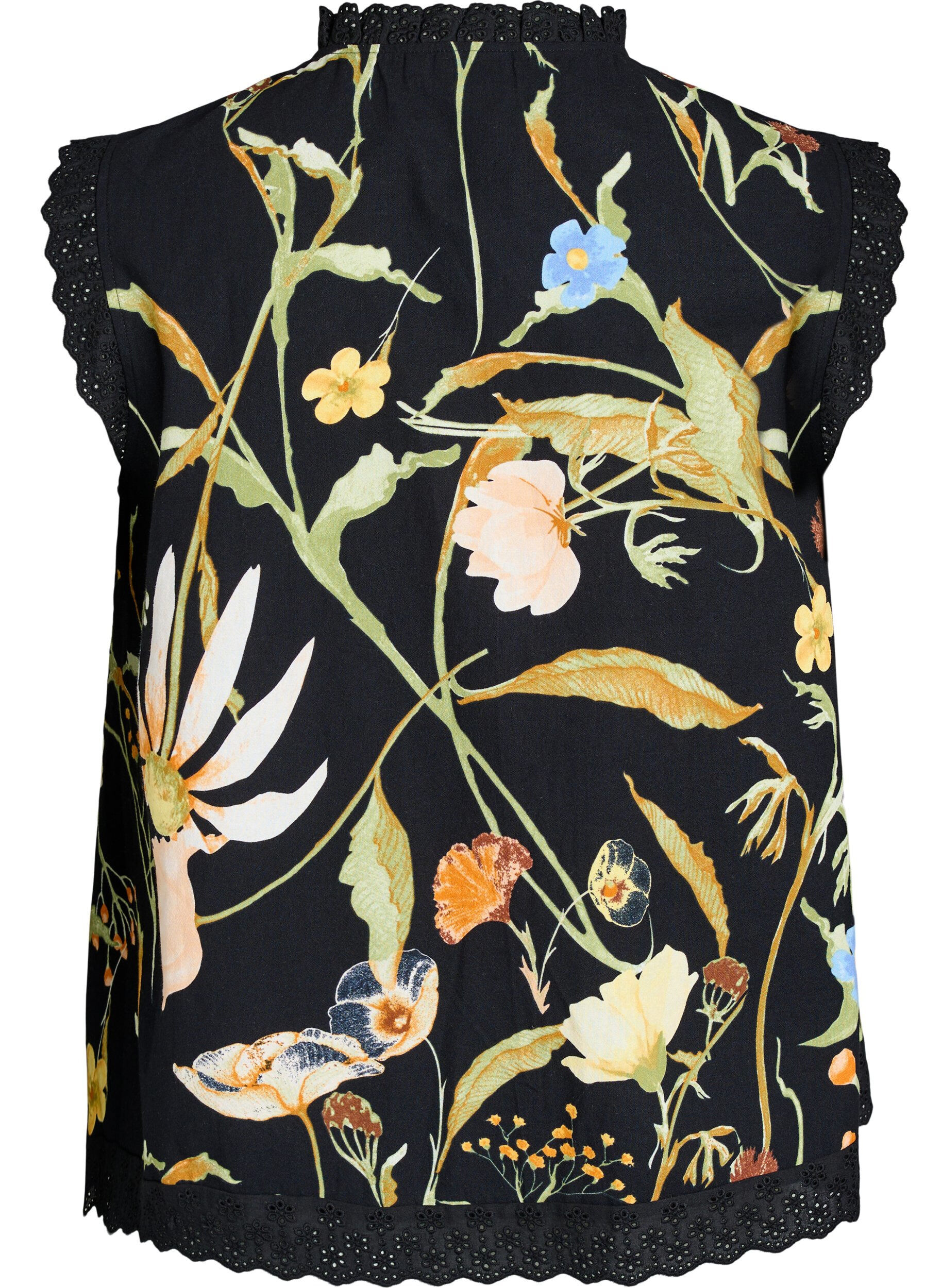 Zizzi&Auml;rmellose Bluse aus Baumwolle mit Blumenprint und Broderie Anglaise, Schwarz, Packshot image number 1