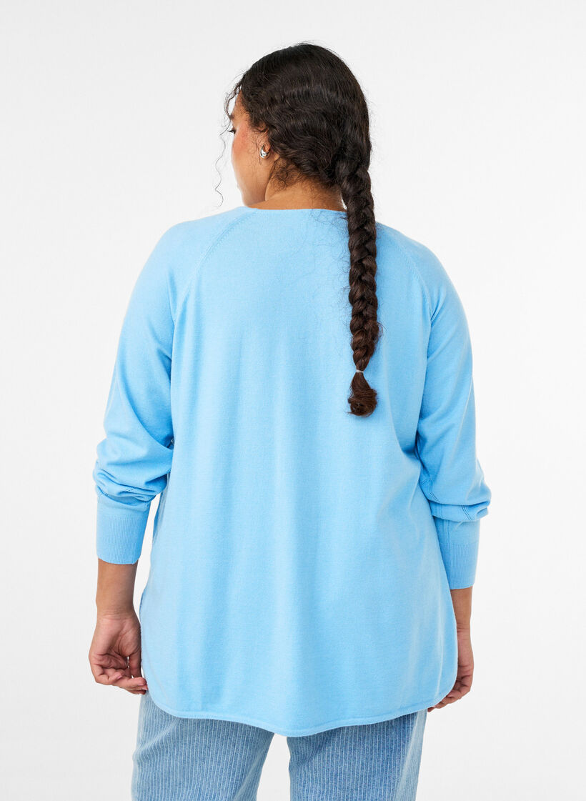 Strickbluse mit Rundhalsausschnitt und Strickmuster, Blau, Model image number 2