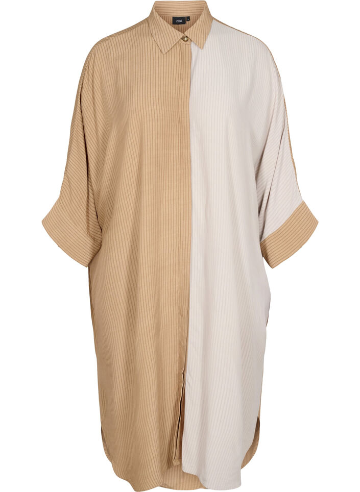 Hemdkleid aus Viskose mit 3/4-Ärmeln und Colour-Block, Praline, Packshot image number 0