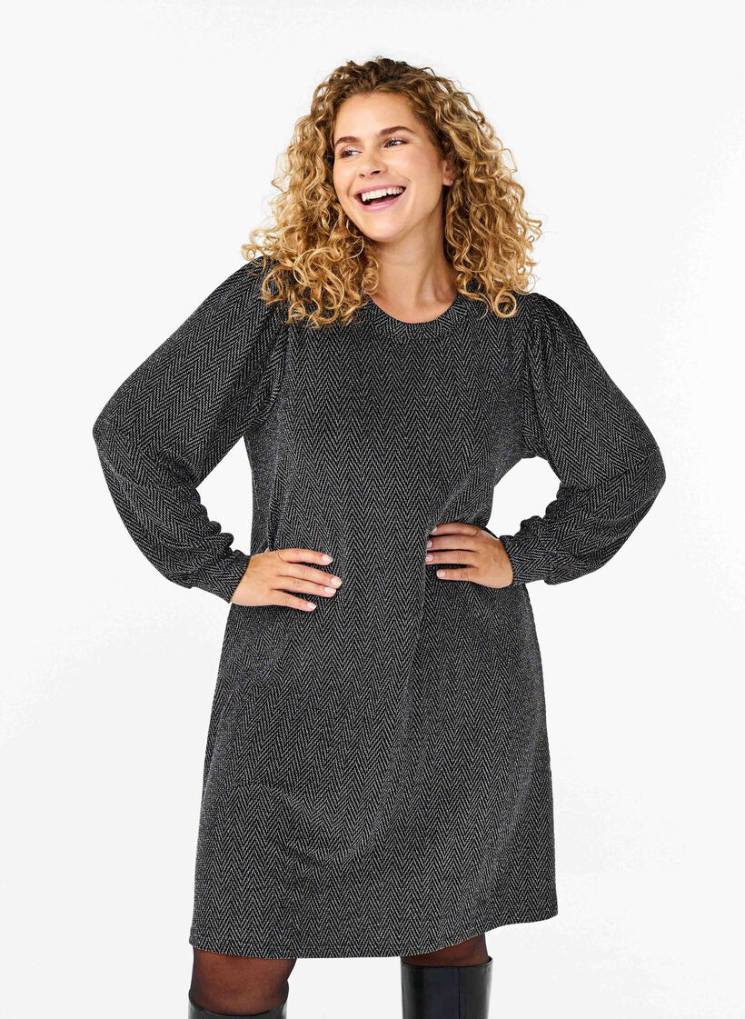 Kleid mit Zickzackmuster und Glitzer, Silver ZigZagShimmer, Model image number 0