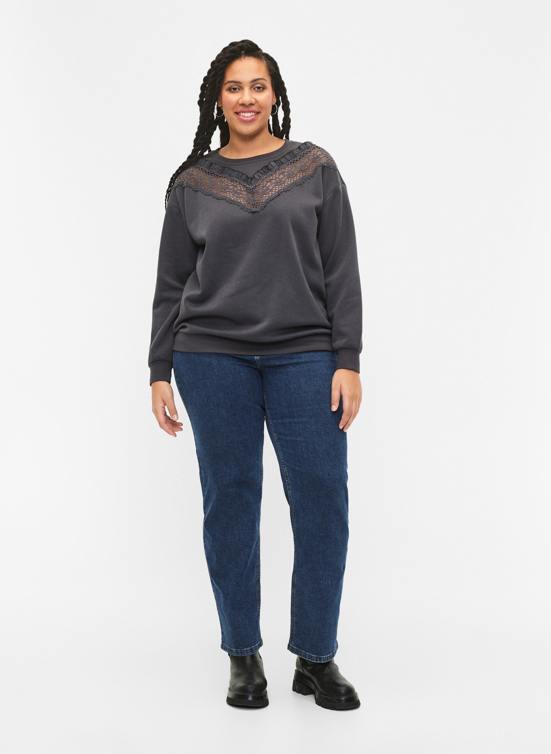 ZizziSweatshirt mit R&uuml;schen und H&auml;keldetail, Dark Grey, Model image number 2