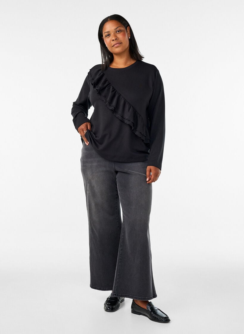 Bluse aus Jersey mit diagonalem R&uuml;schendetail, Schwarz, Model image number 1