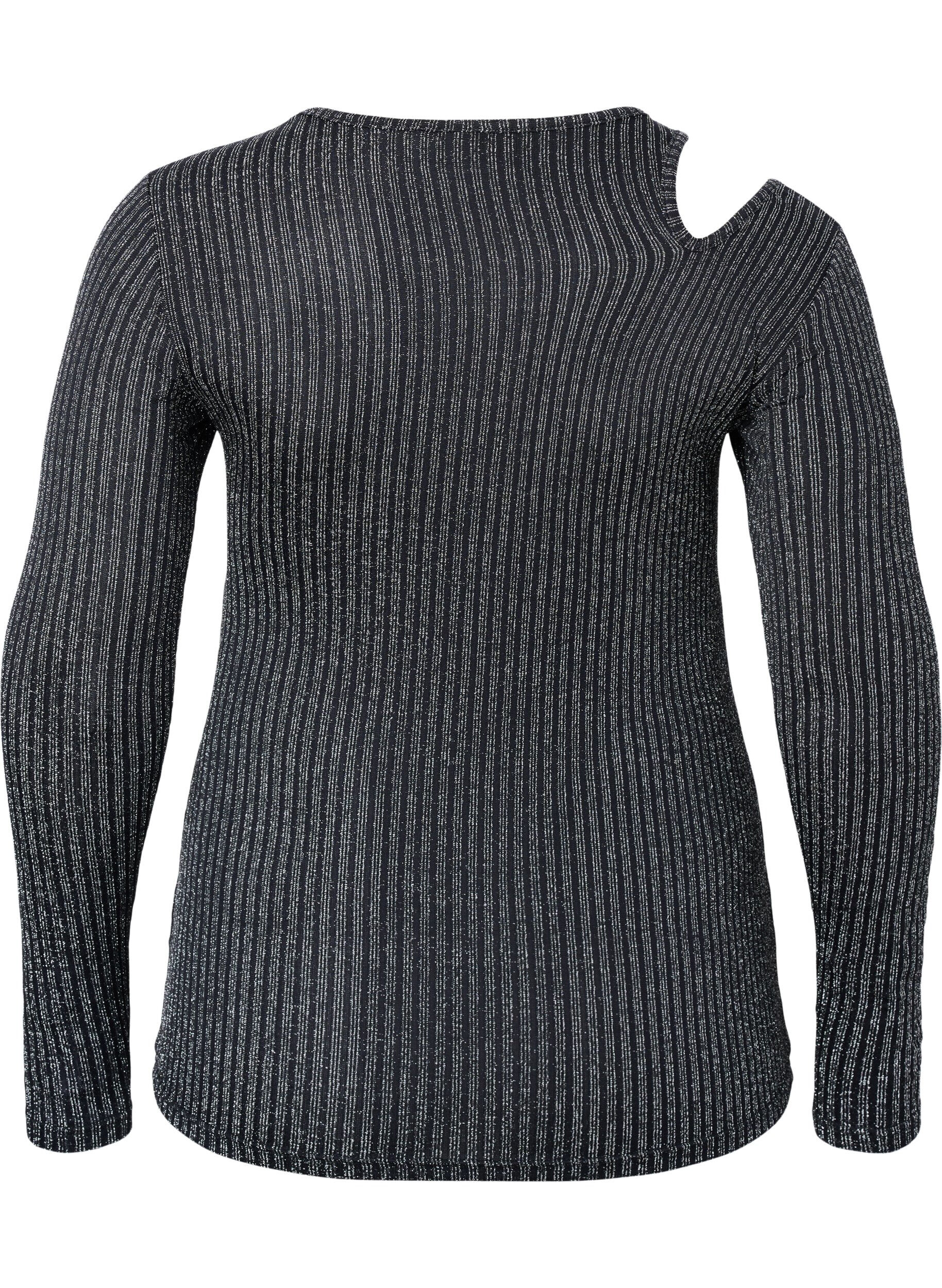 ZizziLang&auml;rmelige Bluse mit Glitzerausschnitt, B. w. Silver Stripes, Packshot image number 1