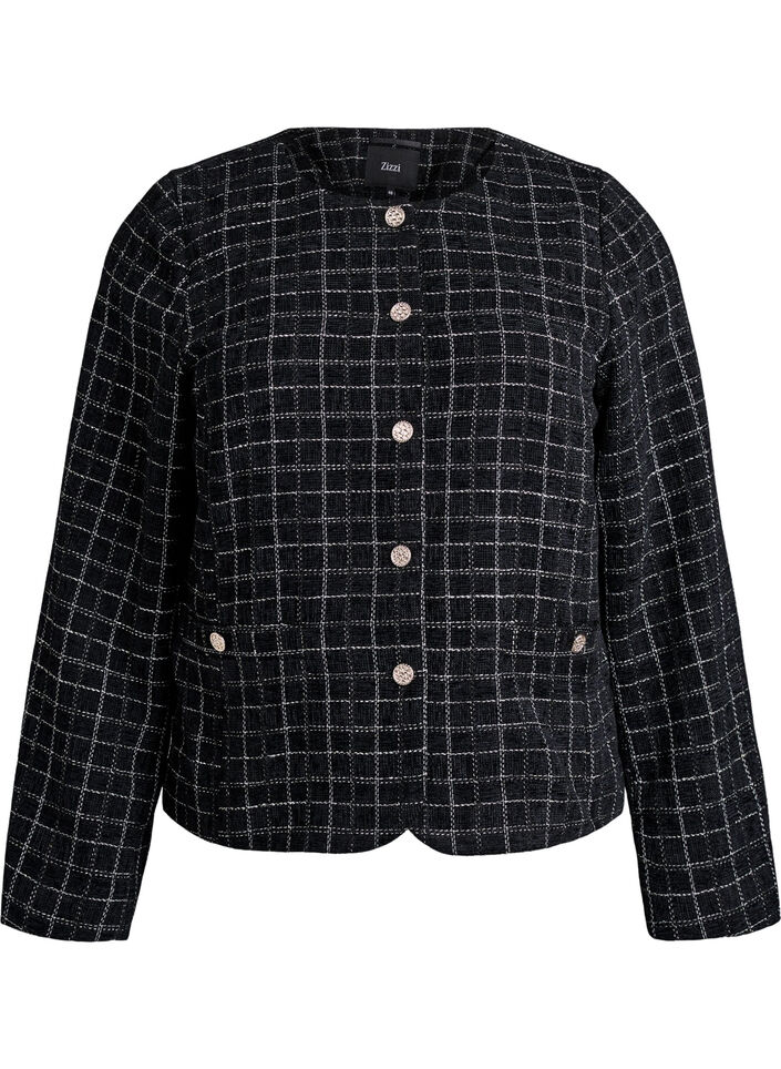 Kurzer karierter Bouclé-Blazer mit Rundhalsausschnitt, Schwarz, Packshot image number 0