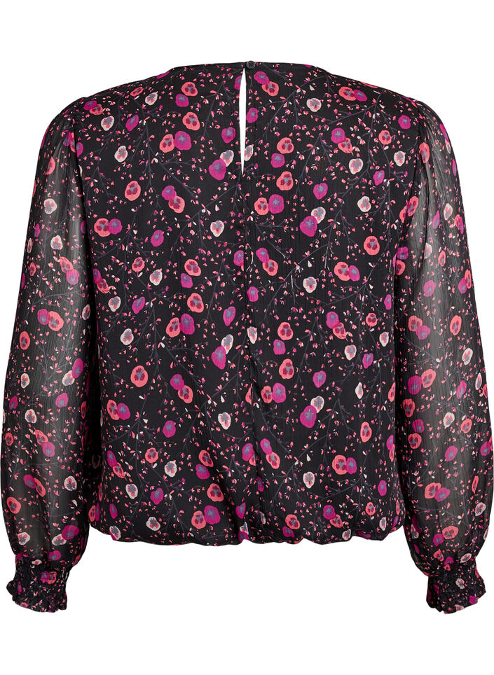 Gebl&uuml;mte Bluse aus Chiffon mit transparenten &Auml;rmeln, Schwarz, Packshot image number 1