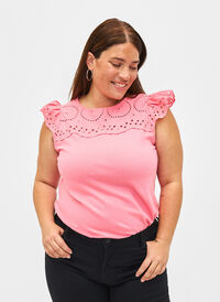 T-Shirt aus Bio-Baumwolle mit Lochstickerei, Strawberry Pink , Model