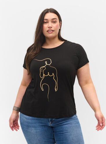 Bedrucktes Baumwoll-T-Shirt, Black w. Gold Foil , Model image number 0