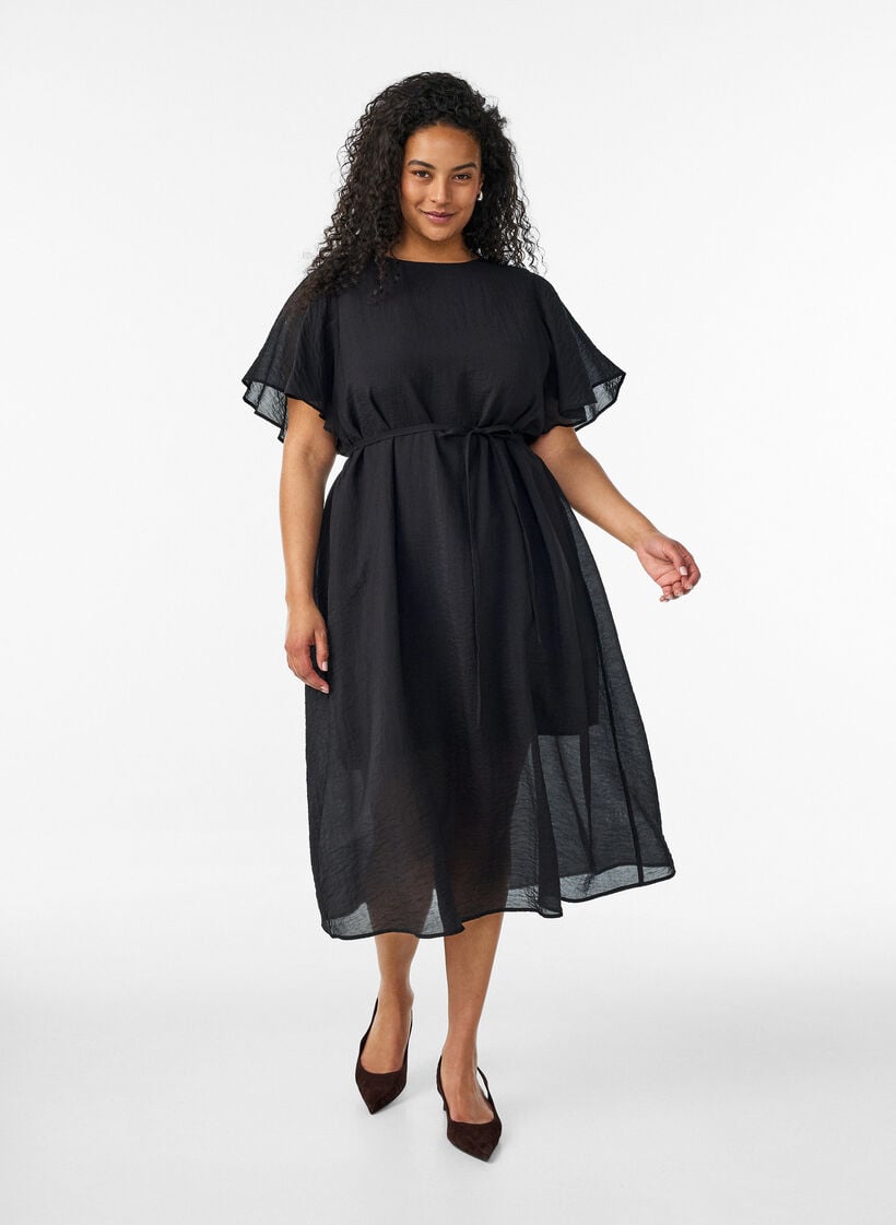 Kn&ouml;chellanges Kleid mit Fl&uuml;gel&auml;rmeln und Bindeg&uuml;rtel, Schwarz, Model image number 0