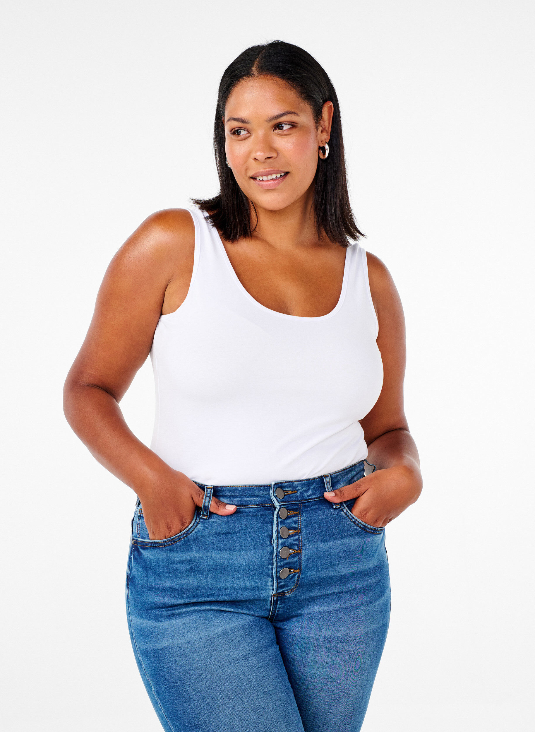 Einfarbiges basic Top aus Baumwolle, Wei&szlig;, Model