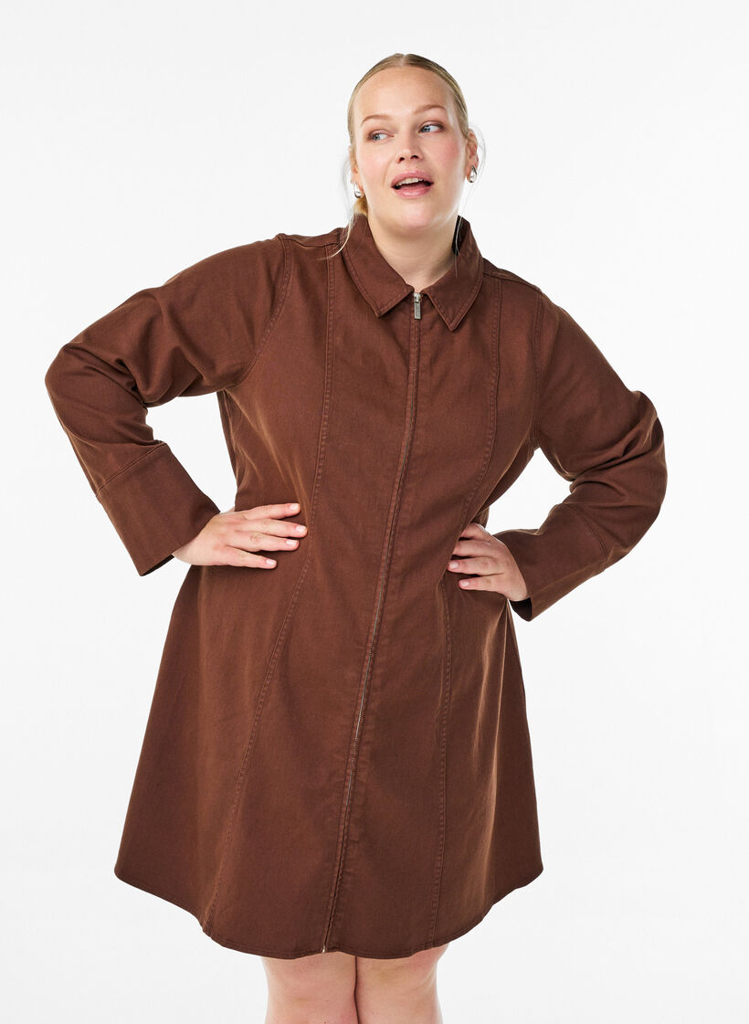 Kurzes Kleid aus Twill mit Reißverschluss, Braun, Model image number 0