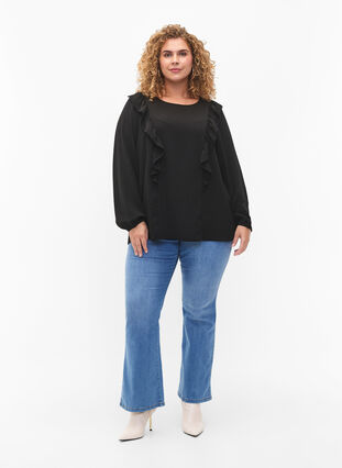 Langärmelige Bluse mit Rüschen, Black, Model image number 2
