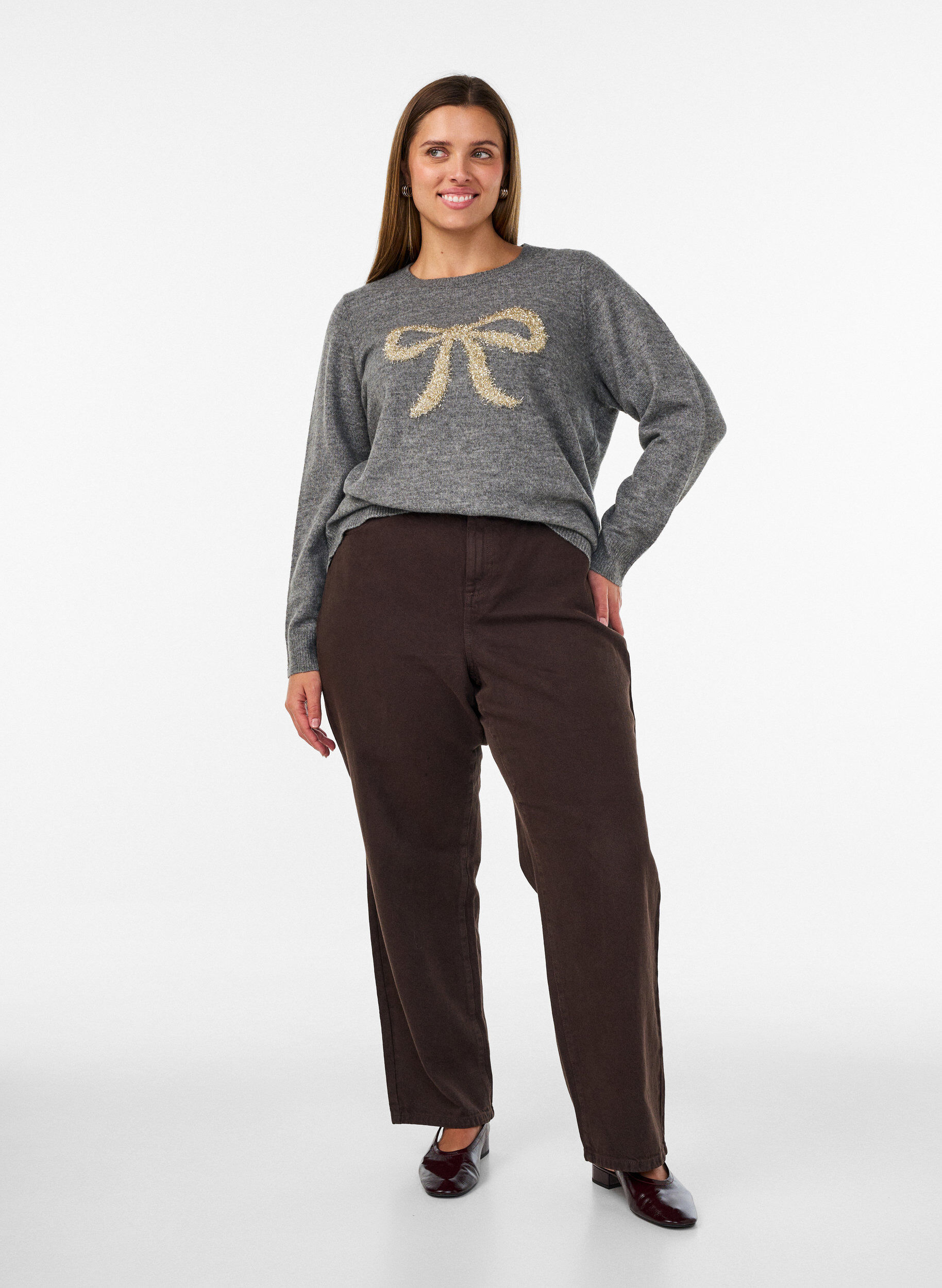 ZizziPullover mit Glitzerschleife, Grau, Model image number 1