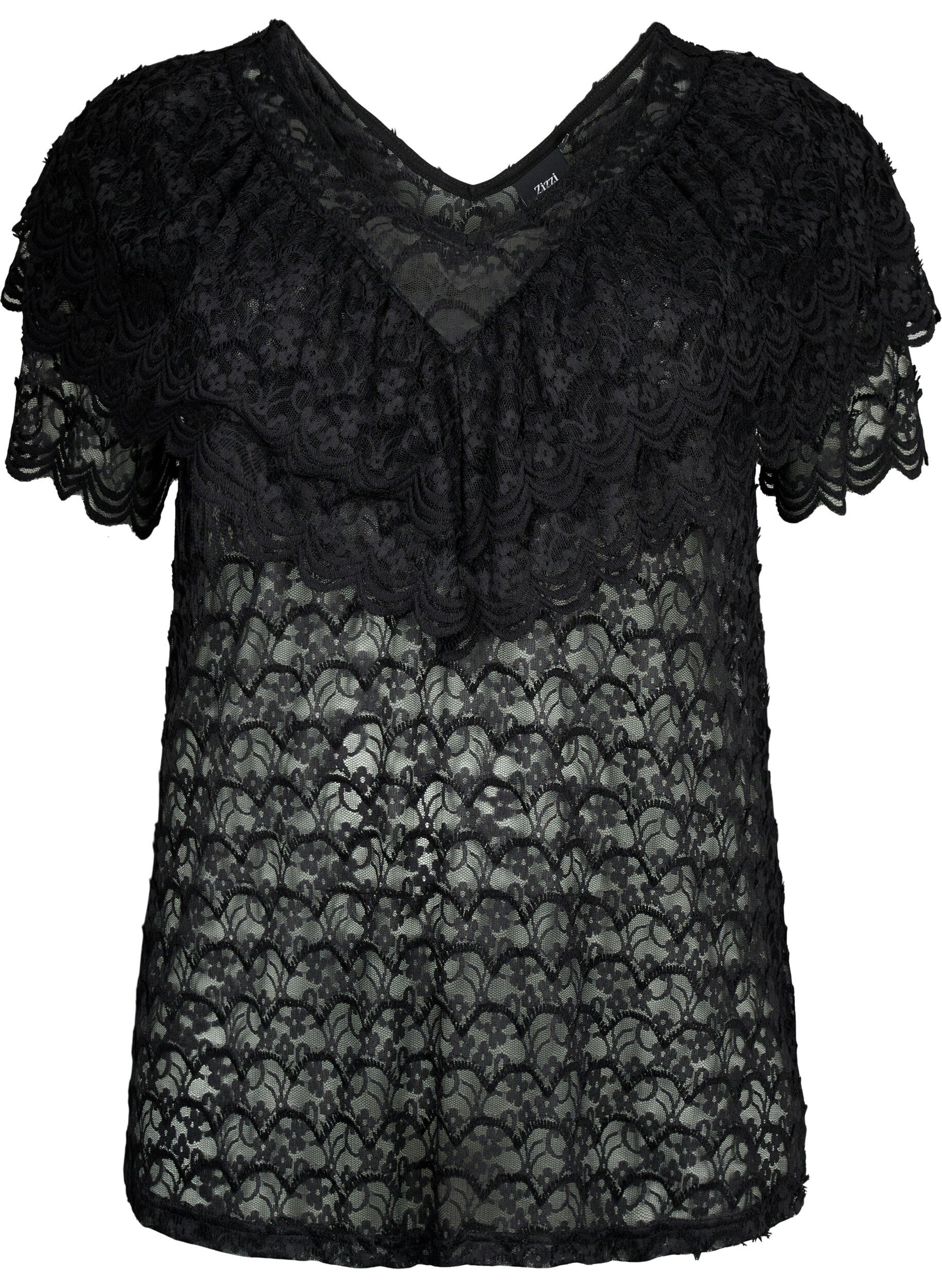 ZizziKurz&auml;rmelige Bluse mit R&uuml;schen, Schwarz, Packshot image number 0
