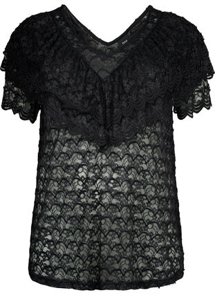 Kurzärmelige Bluse mit Rüschen, Black, Packshot image number 0