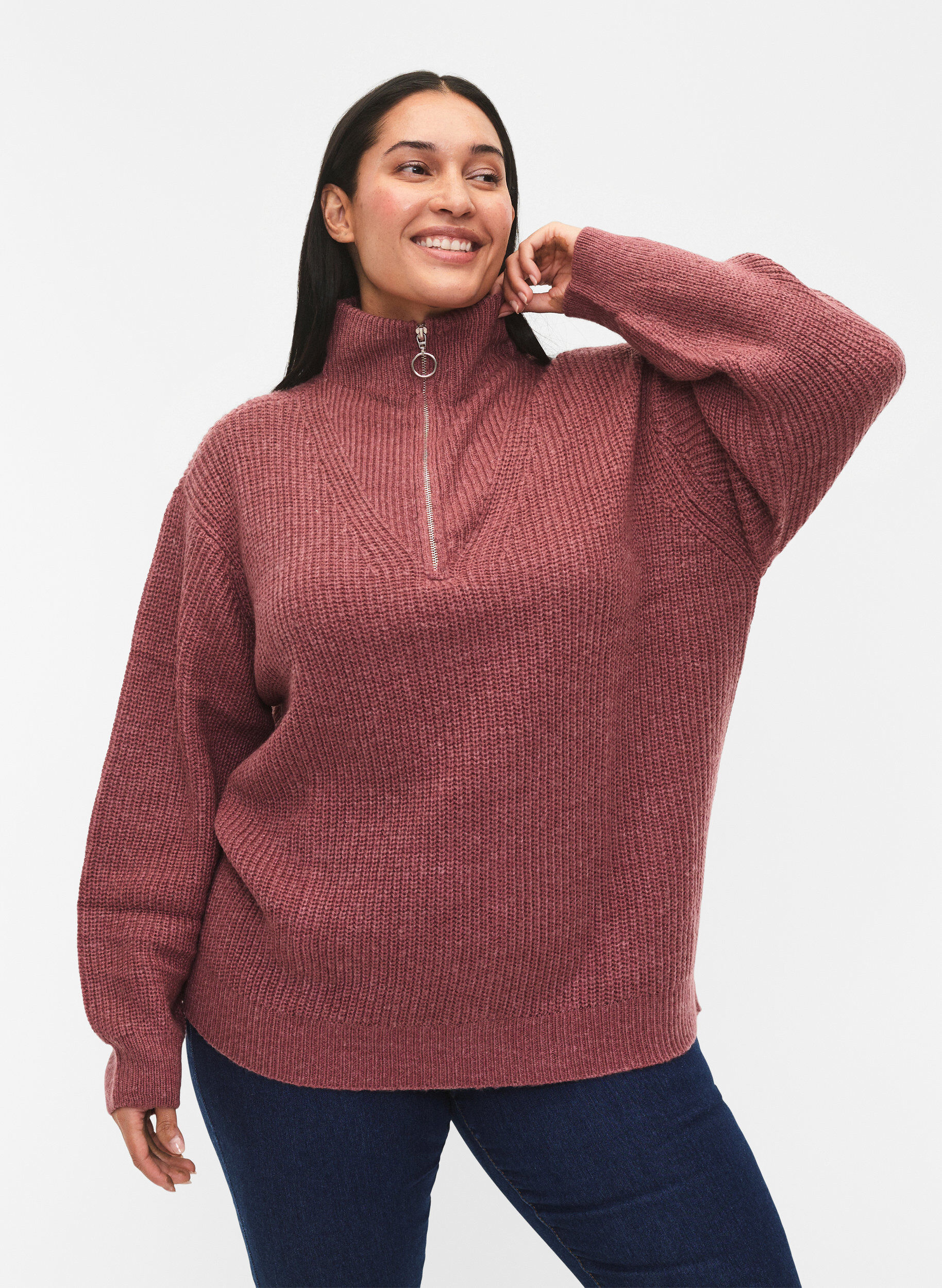 ZizziStrickpullover mit hohem Kragen und Rei&szlig;verschluss, Rot, Model image number 0