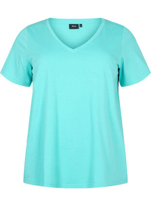 Kurzärmeliges T-Shirt mit V-Ausschnitt, Turquoise, Packshot image number 0