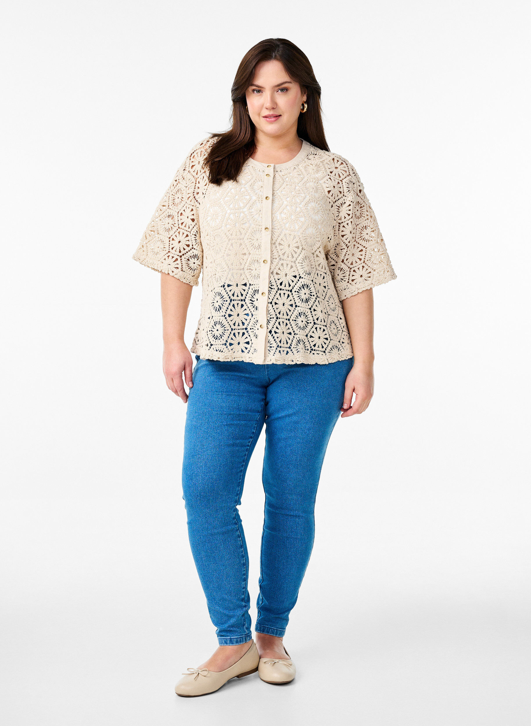 ZizziH&auml;kel Cardigan mit kurzen &Auml;rmeln, Beige, Model image number 1
