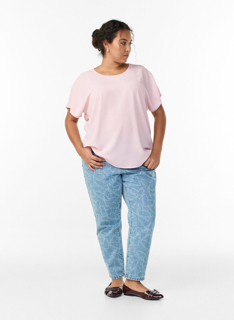 Bluse mit kurzen &Auml;rmeln und Rundhalsausschnitt, Pink, Model image number 1