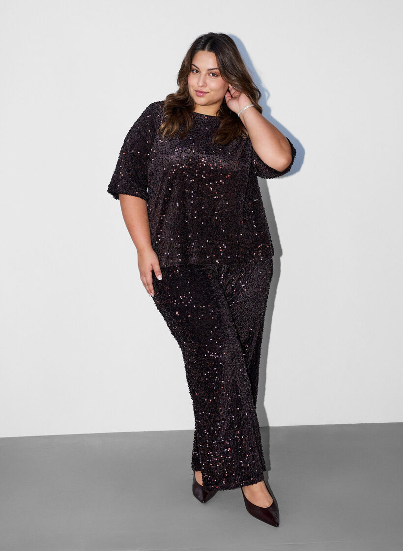 Bluse mit Pailletten und ellenbogenlangen &Auml;rmeln, Braun, Model image number 1