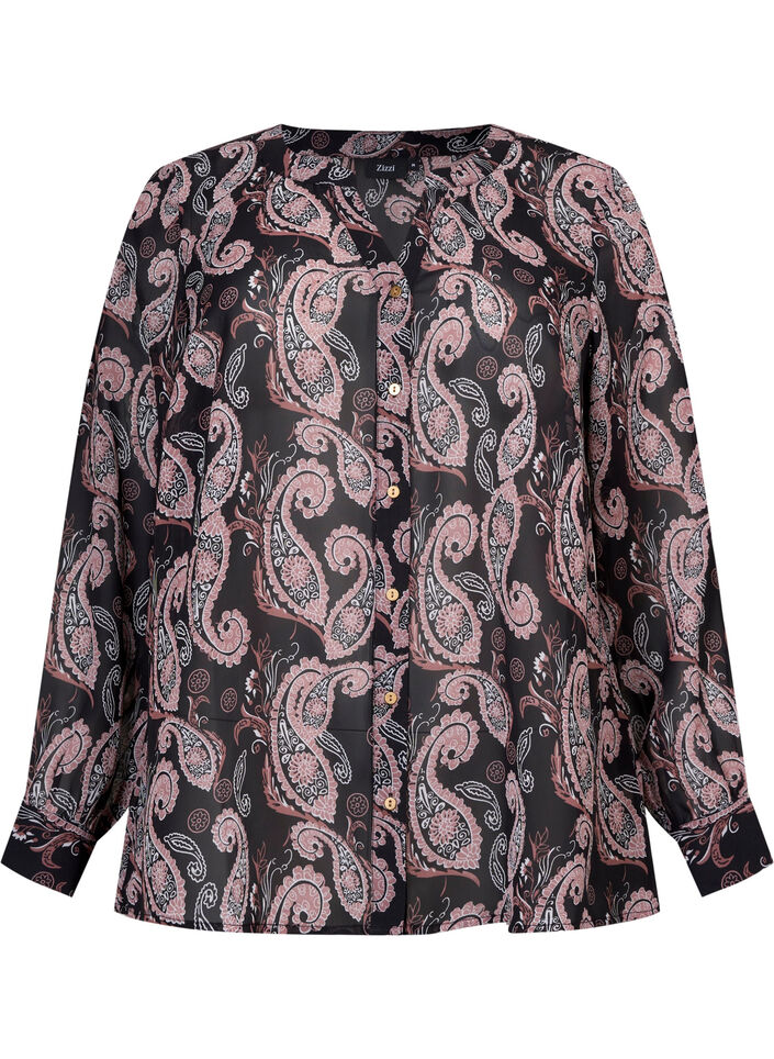Hemdbluse mit V-Ausschnitt und Print, Black/Beige Paisley, Packshot image number 0