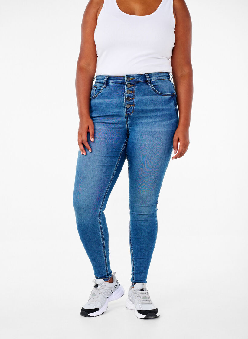 Amy Jeans mit hohem Bund und Knopfverschluss, Blue Denim, Model image number 2