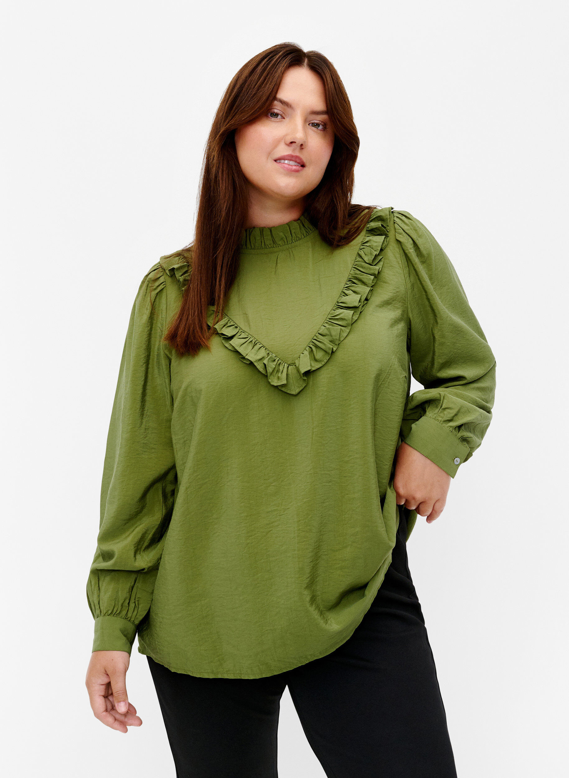 ZizziViskose-Bluse mit R&uuml;schen, Loden Green, Model image number 0