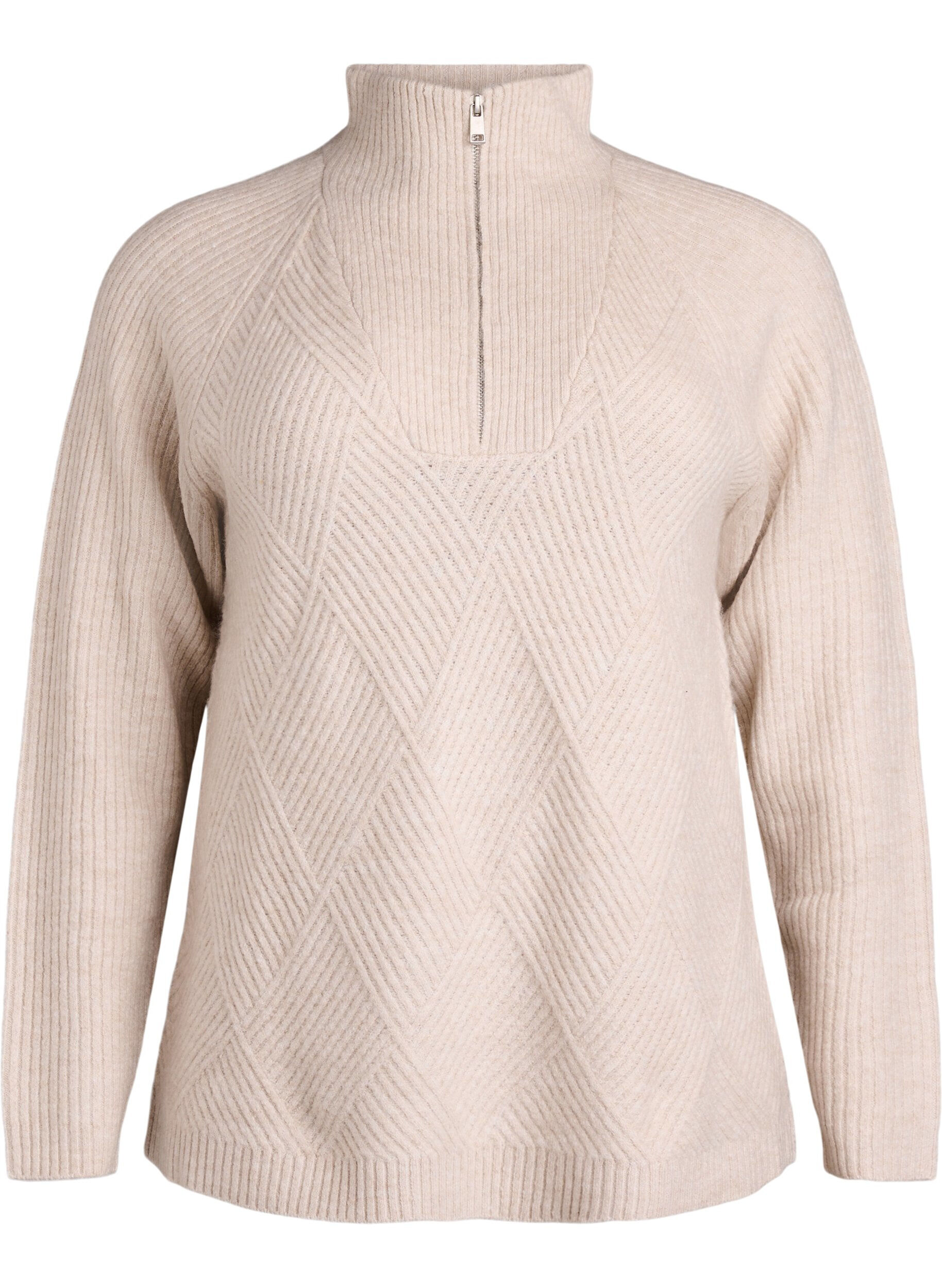 ZizziStrickpullover mit hohem Kragen und Harlekinmuster, Beige, Packshot image number 0