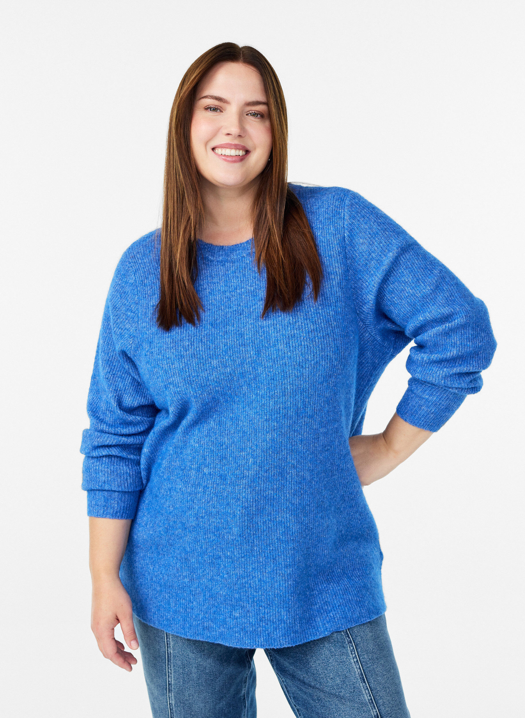 Melierte Strickbluse mit Rundhalsausschnitt, Blau, Model