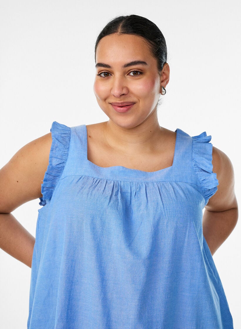 Midikleid aus Baumwolle mit R&uuml;schendetails, Blau, Model image number 2