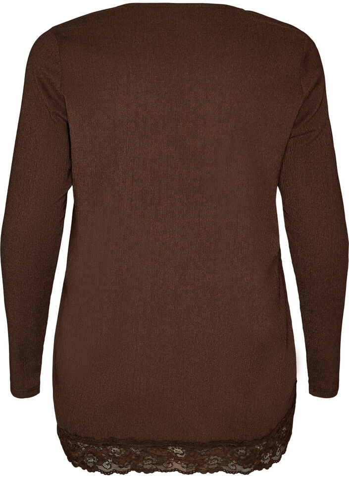 Jerseybluse mit asymmetrischem Spitzenbesatz, Braun, Packshot image number 1