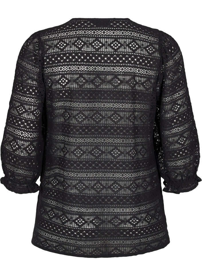 Bluse mit Lochmuster und 3/4-Ärmeln, Schwarz, Packshot image number 1