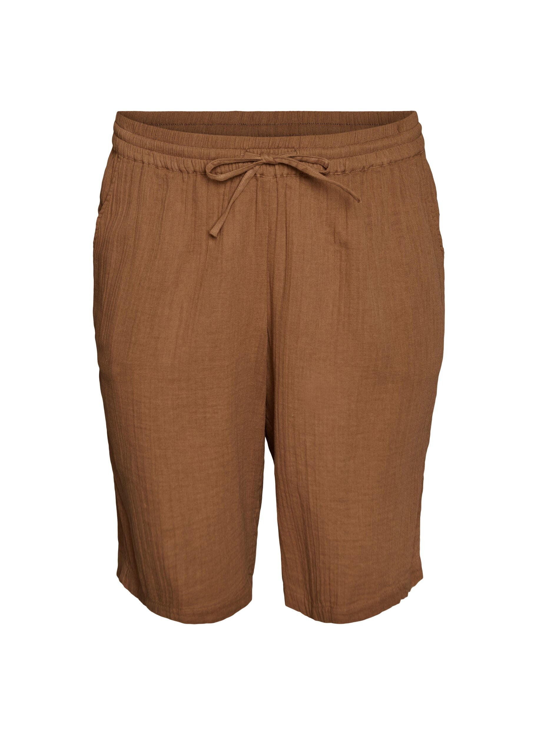 ZizziLockere Shorts aus Baumwollmusselin mit hoher Taille, Braun, Packshot image number 0