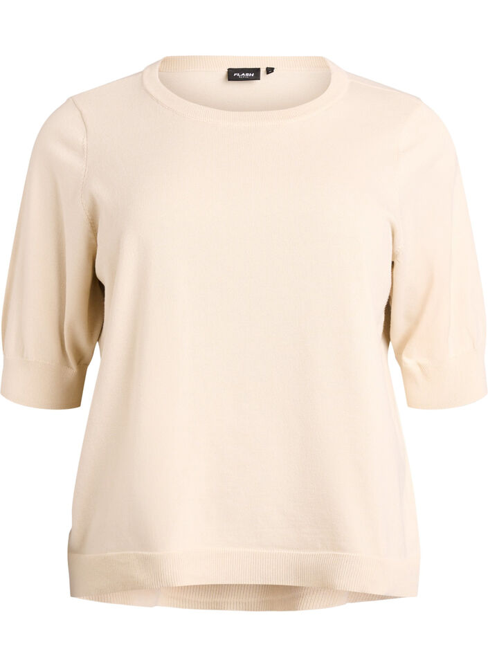 Fein gestrickte Bluse mit kurzen &Auml;rmeln, Beige, Packshot image number 0