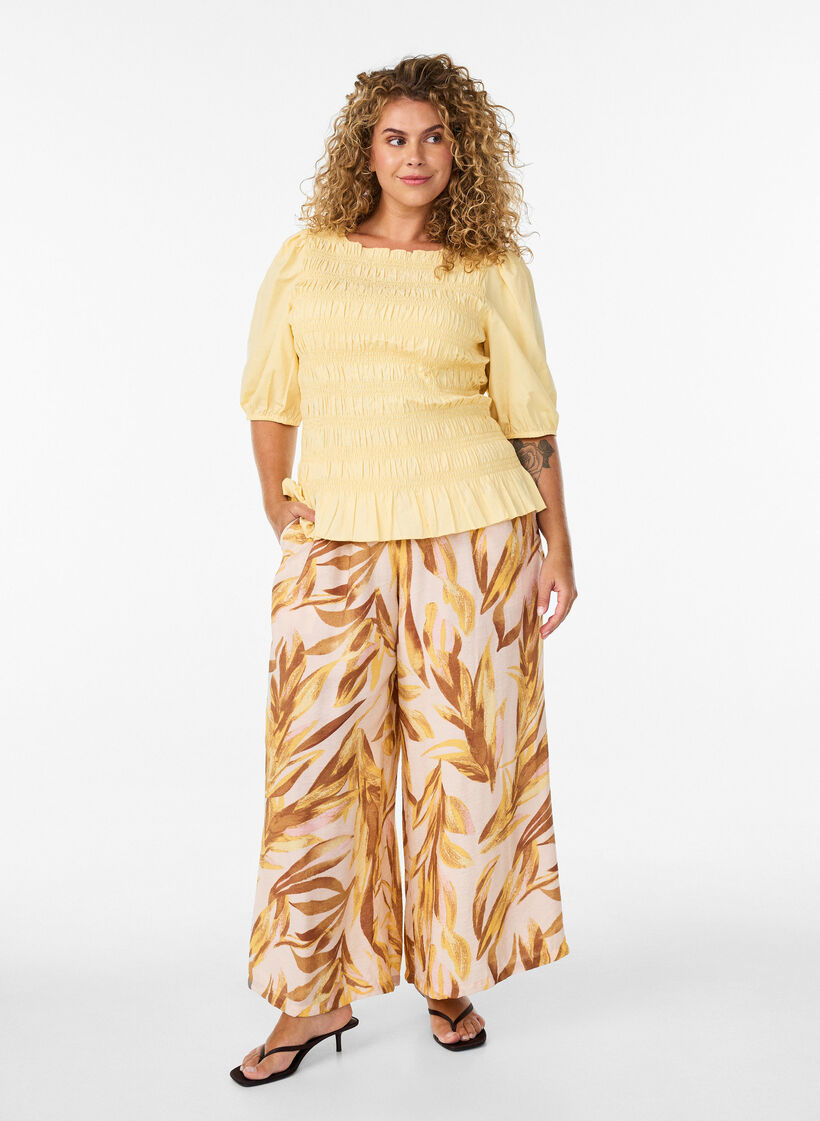 Hose mit weitem Bein, Blattdruck und hohem Gummizugbund., Gelb, Model image number 0