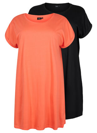 2er-Pack Kleider aus Baumwolle mit kurzen Ärmeln, Living Coral / Black, Packshot image number 0
