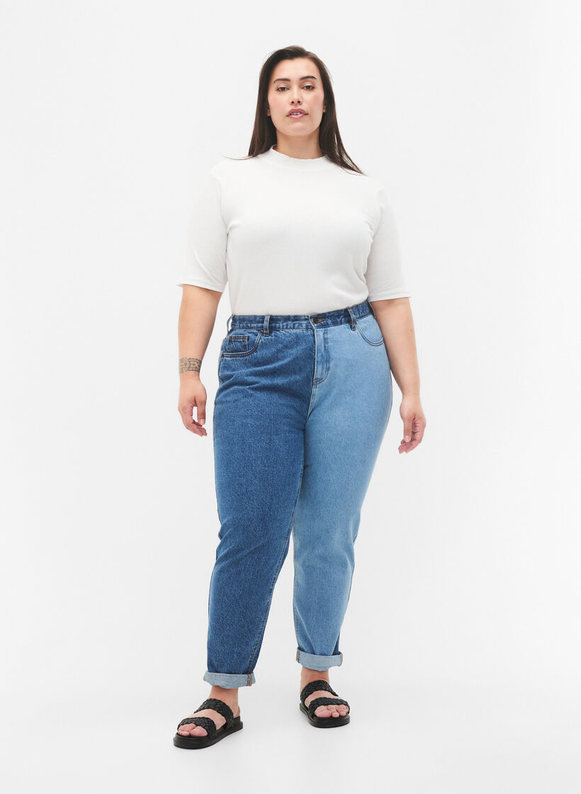 Two-Tone Mille Mom Fit Jeans, Lt. B. Comb, Model image number 0