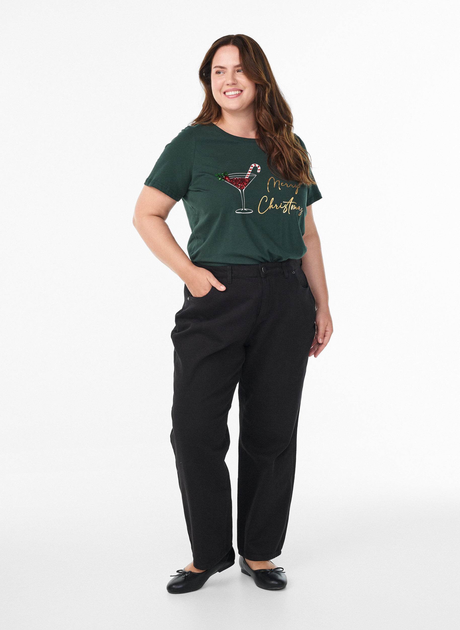 ZizziWeihnachts-T-Shirt aus Bio-Baumwolle, Gr&uuml;n, Model image number 1