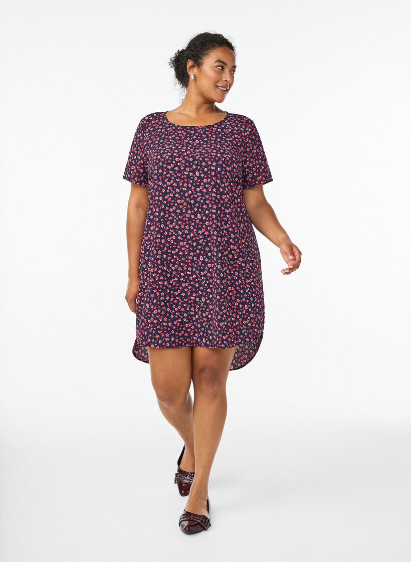 Kleid mit Aufdruck und kurzen &Auml;rmeln, Blau, Model image number 1