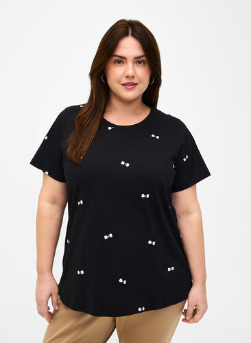 T-Shirt aus Bio-Baumwolle mit Herzen, Black W. Bow Emb. , Model image number 0