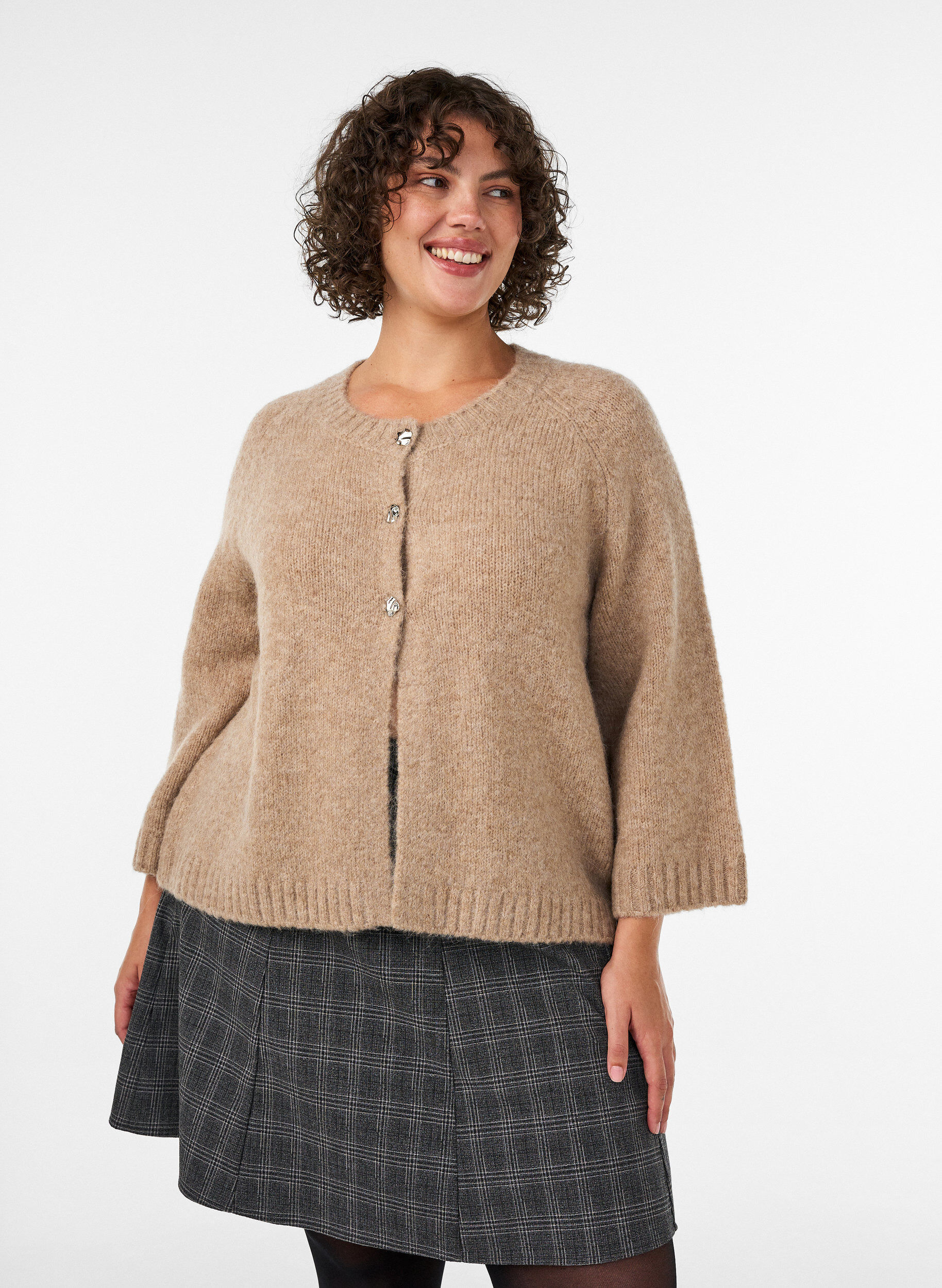 ZizziStrickjacke aus Wollmischung mit 3/4-&Auml;rmeln, Beige, Model image number 0