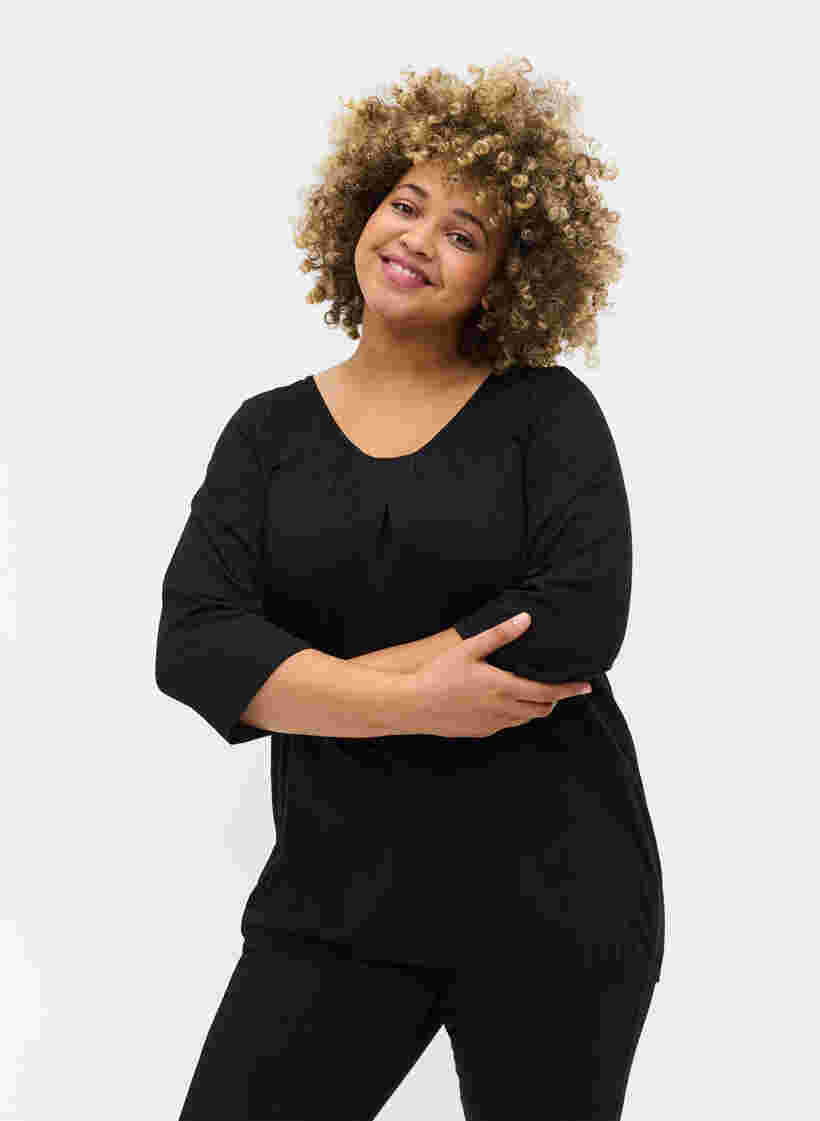 Einfarbige Bluse mit 3/4-Ärmel aus Baumwolle, Black, Model image number 0