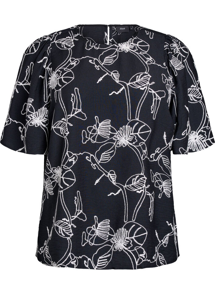 Kurz&auml;rmelige Bluse mit Stickmuster, Schwarz, Packshot image number 0
