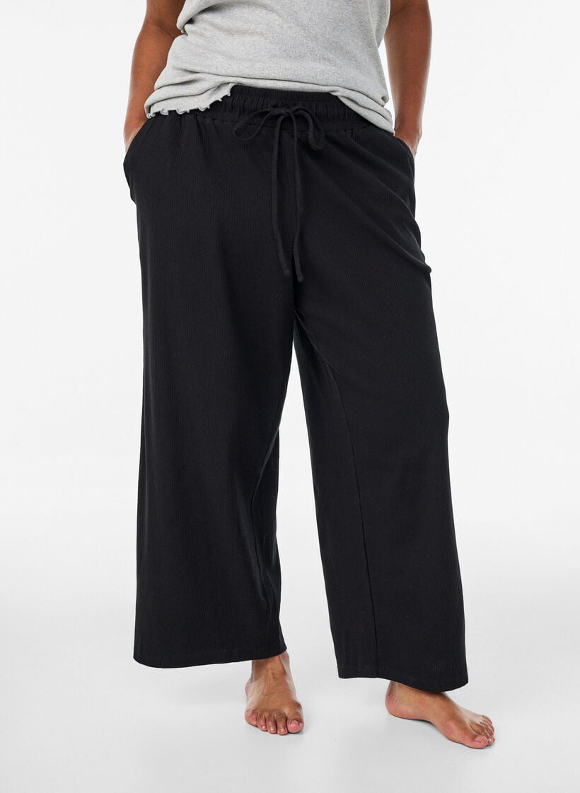 Gerippte Pyjamahose mit geraden Beinen, Schwarz, Model image number 1