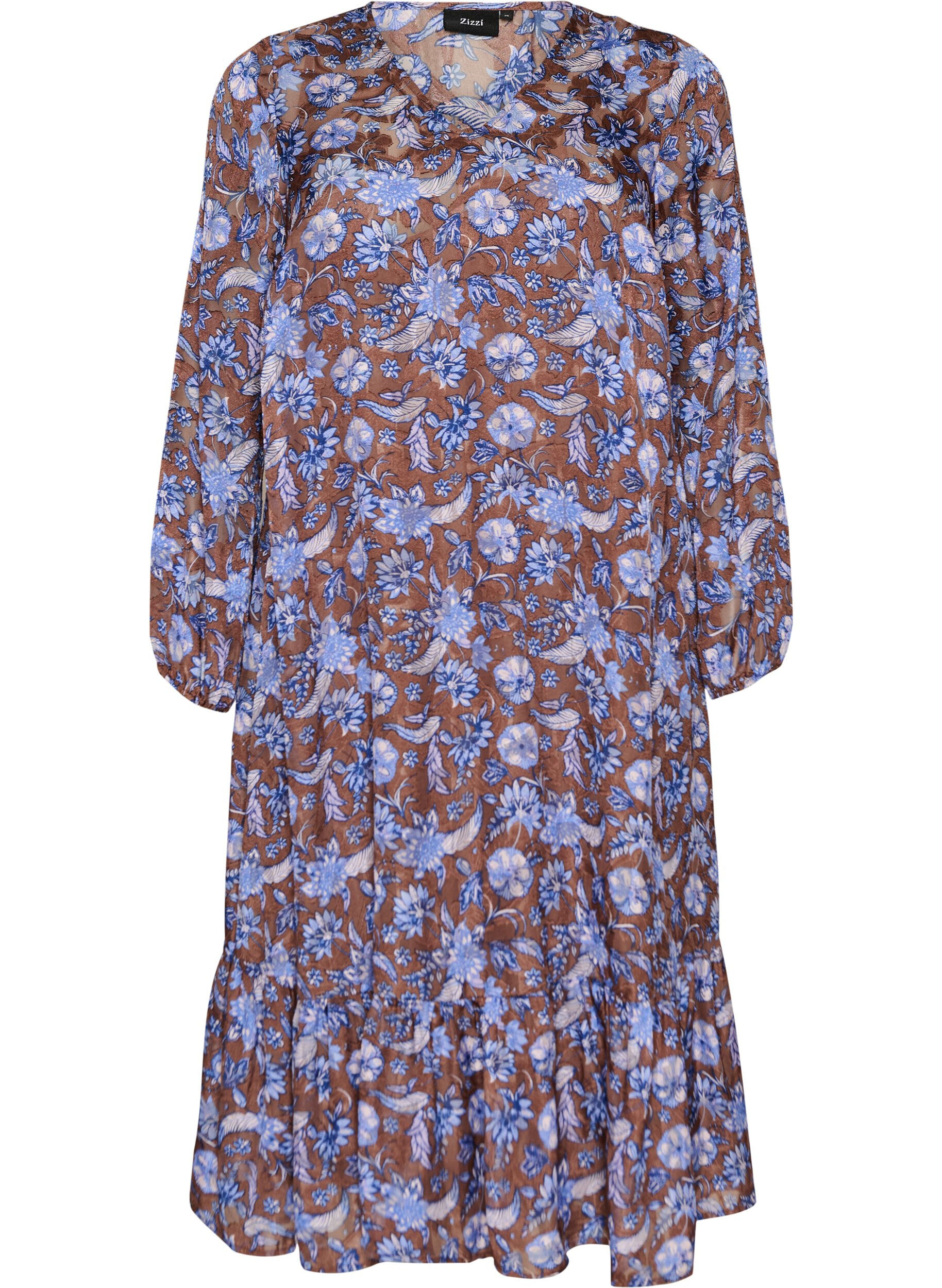 ZizziGebl&uuml;mtes Midikleid mit R&uuml;schensaum, Braun, Packshot image number 0