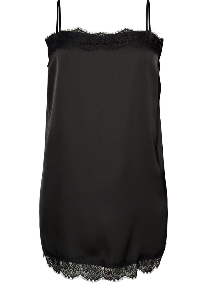 Langes Top aus Satin mit Spitzen, Schwarz, Packshot image number 0