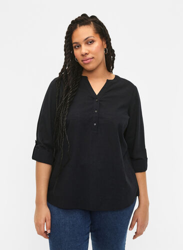Hemdbluse aus Baumwolle mit V-Ausschnitt, Black, Model image number 0