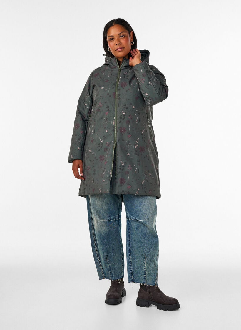 Gepolsterte Winterjacke mit Blumenprint, Gr&uuml;n, Model image number 1
